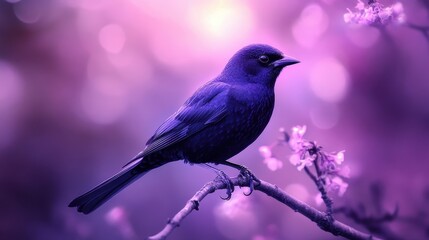 Fototapeta premium Beautiful purple starling perched on branch amid blossoming flowers and soft bokeh background