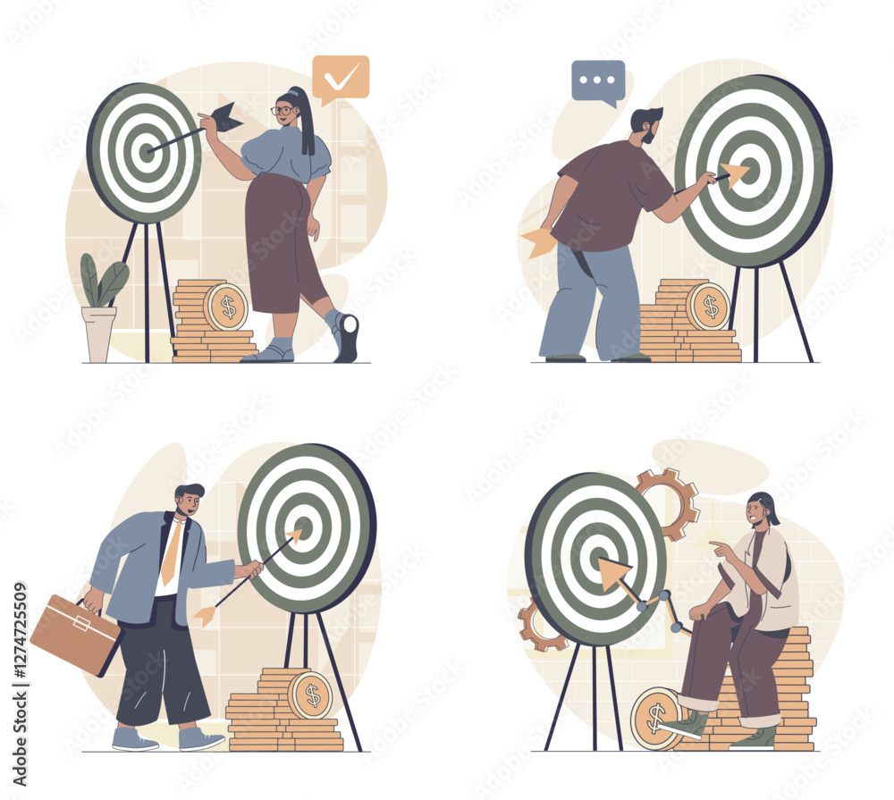 Poster business target concept scenes set in flat web design. people in situations of hitting bullseye and 