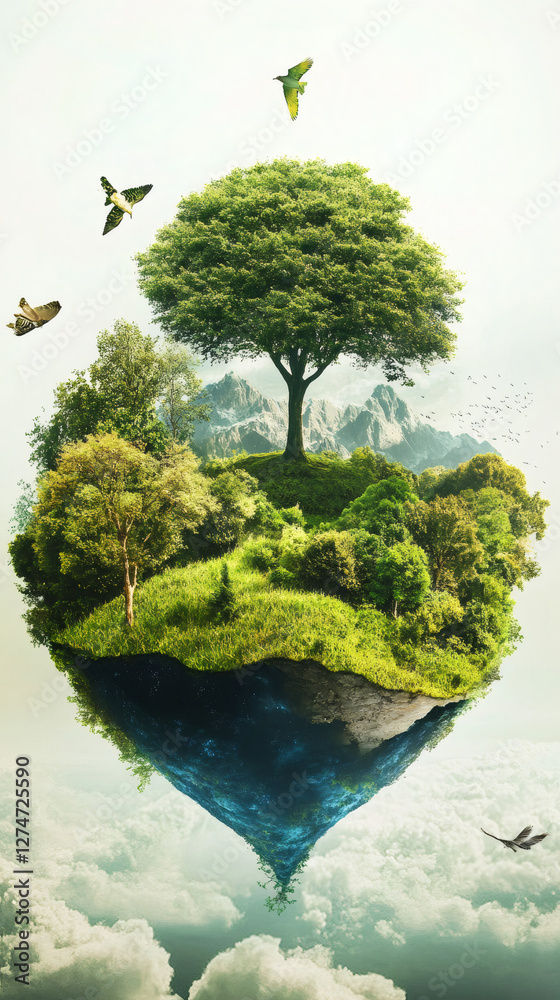 Poster surreal image of a floating island with trees, birds and mountains reflecting on water, a concept ab