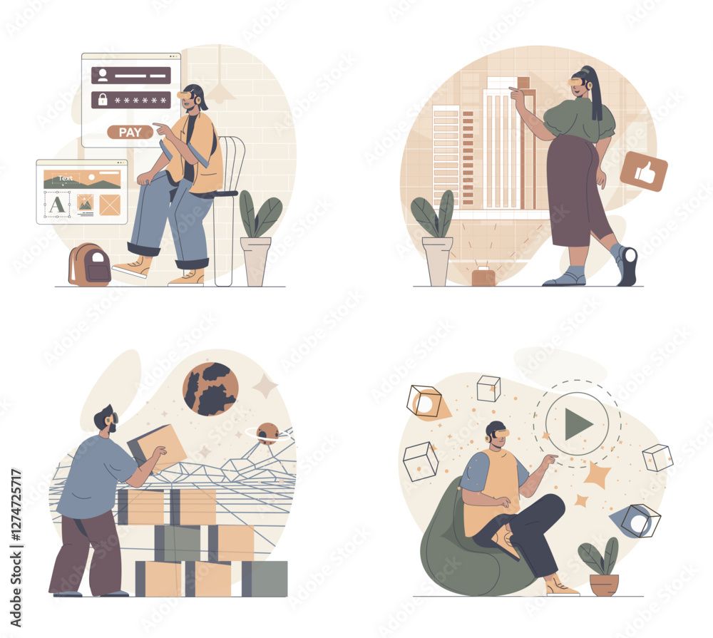 Canvas Prints cyberspace concept scenes set in flat web design. people in situations of in vr headsets interacting