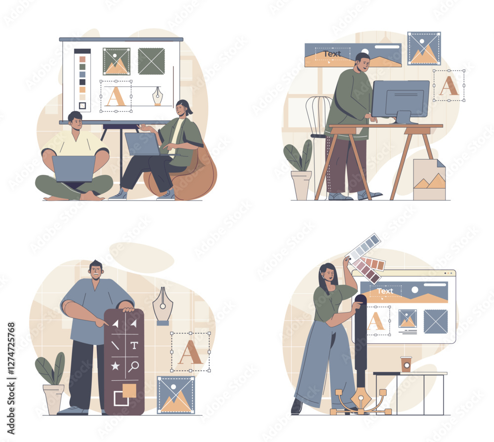 Poster designer studio concept scenes set in flat web design. people in situations of working in agency, cr