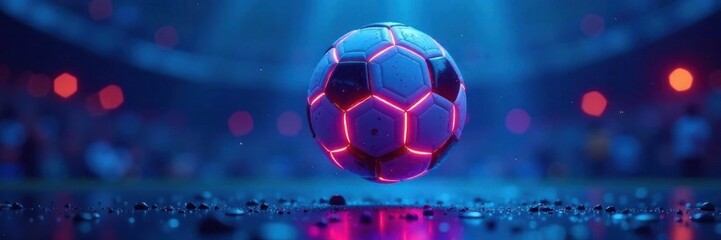 Glowing neon soccer ball suspended in mid-air, surrounded by vibrant blue hues, glowing sphere, neon, athletic