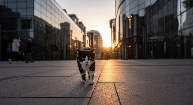Black and white cat walking in urban street at sunrise