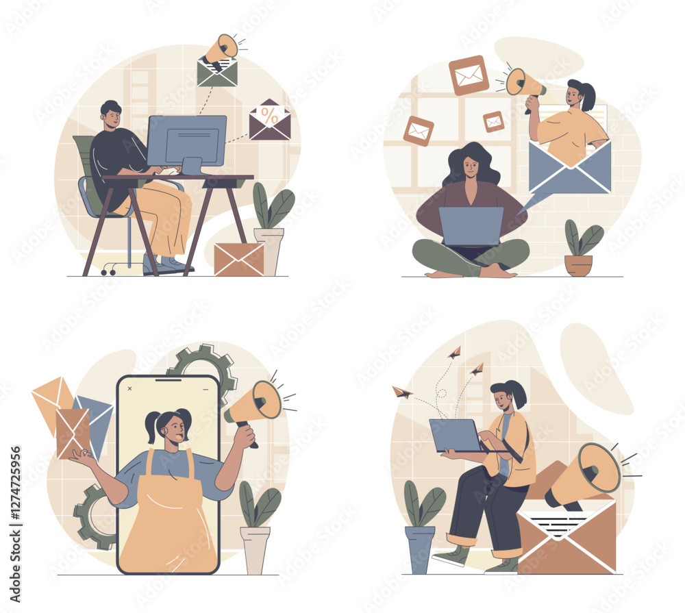 Poster email marketing concept scenes set in flat web design. people in situations of doing online advertis