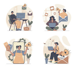 Email marketing concept scenes set in flat web design. People in situations of doing online advertising with digital letters, sending promo information to customers mailboxes. Vector illustrations.