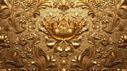 Intricate gold floral pattern with baroque elements and ornate designs on textured background