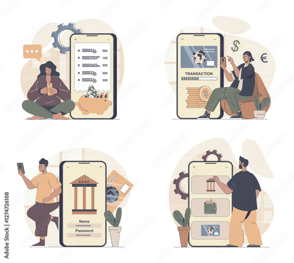 Aufkleber mobile banking concept scenes set in flat web design. people in situations of managing credit cards 