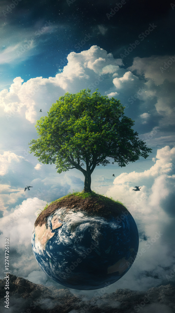 Poster surreal image of a small planet earth with a lonely tree growing on it, birds flying around and dram