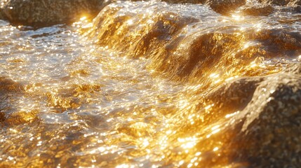 Golden sunlight reflecting on flowing water over smooth rocks in nature