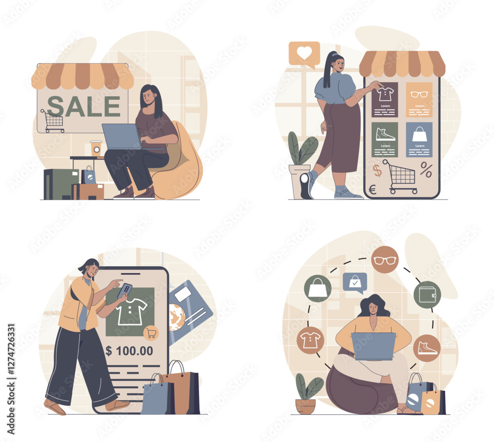 Aufkleber Online shopping concept scenes set in flat web design. People in situations of choosing new products at internet stores at sales, ordering and paying purchases in mobile app. Vector illustrations.