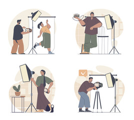Photo studio concept scenes set in flat web design. People in situations of getting photography shot, posing for portraits, photographer working at shooting under spotlights. Vector illustrations.