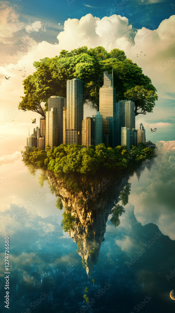 Poster lush trees surrounding skyscrapers on a floating island, blending nature and urban life while promot
