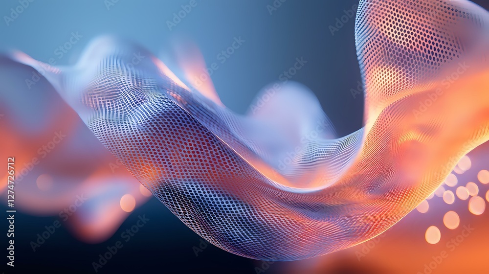 Poster flowing abstract wave pattern in orange and blue with bokeh effect and mesh texture creates dynamic 