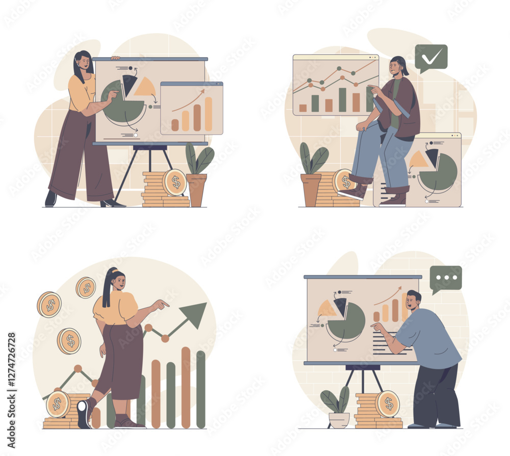 Poster Sales performance concept scenes set in flat web design. People in situations of making finance analysis, getting financial progress at graphs and profit rise at arrow at charts. Vector illustrations.