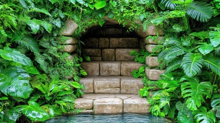 Naklejka premium Exploring ancient steps surrounded by lush greenery enigmatic nature scene outdoor serenity eye-level perspective