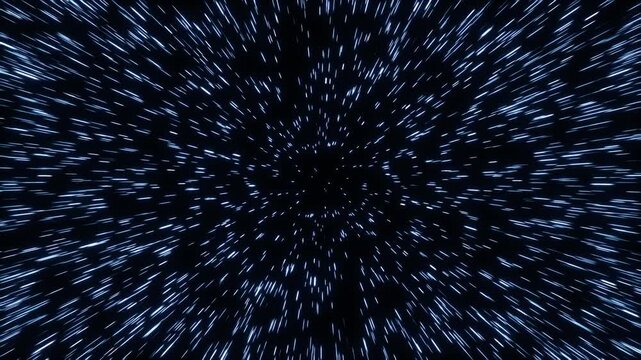 Transition from starlight to warp speed, blue light streaks racing toward viewer, abstract sci-fi hyper jump effect, rapid speed, space travel, technological background.