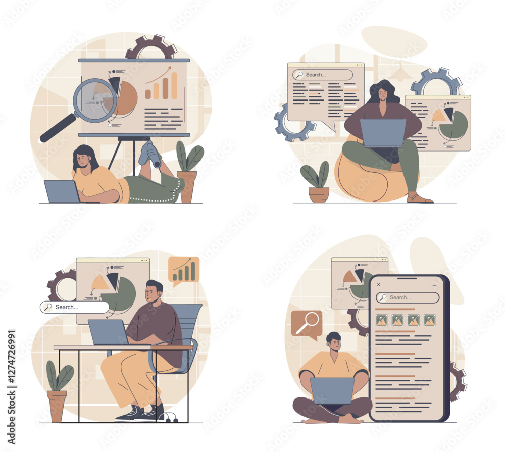 Aufkleber Seo analysis concept scenes set in flat web design. People in situations of making data site analysis, researching webpage graph on screen, increasing traffic with keywords. Vector illustrations.