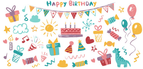 Happy Birthday Party crayon elements, kids chalk hand drawing big set for decoration. Party Related Icons Chalk Crayon Drawing for invitations, decor. Vector cartoon children illustration
