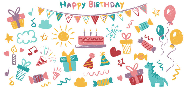 Happy Birthday Party crayon elements, kids chalk hand drawing big set for decoration. Party Related Icons Chalk Crayon Drawing for invitations, decor. Vector cartoon children illustration