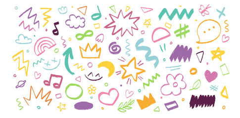 Hand drawn crayon various elements. Chalk pencil set with music notes, arrow, speech bubble, underline, hash tag, star, moon. Vector sketchy doodle charcoal abstract icons isolated on white background