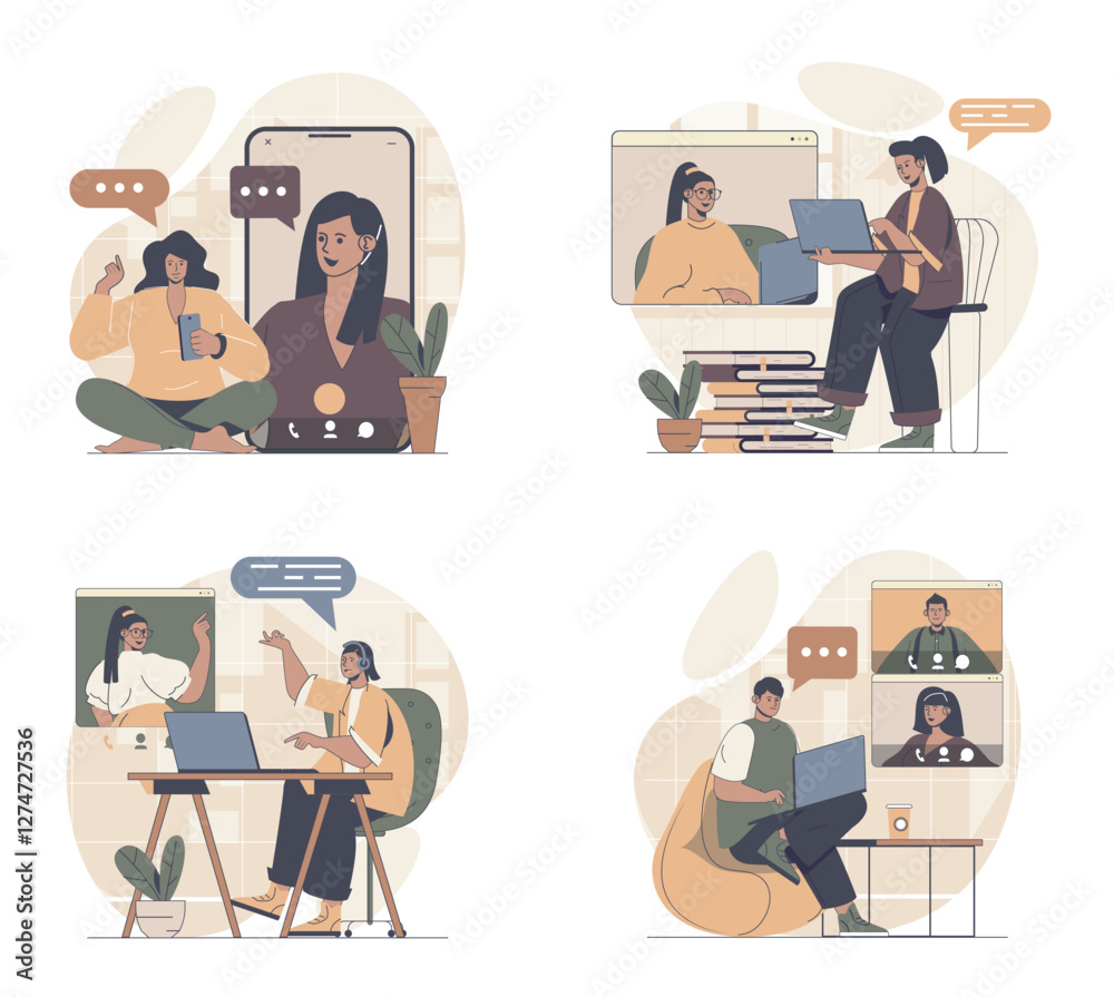 Fototapete video chatting concept scenes set in flat web design. people in situations of connecting online and 