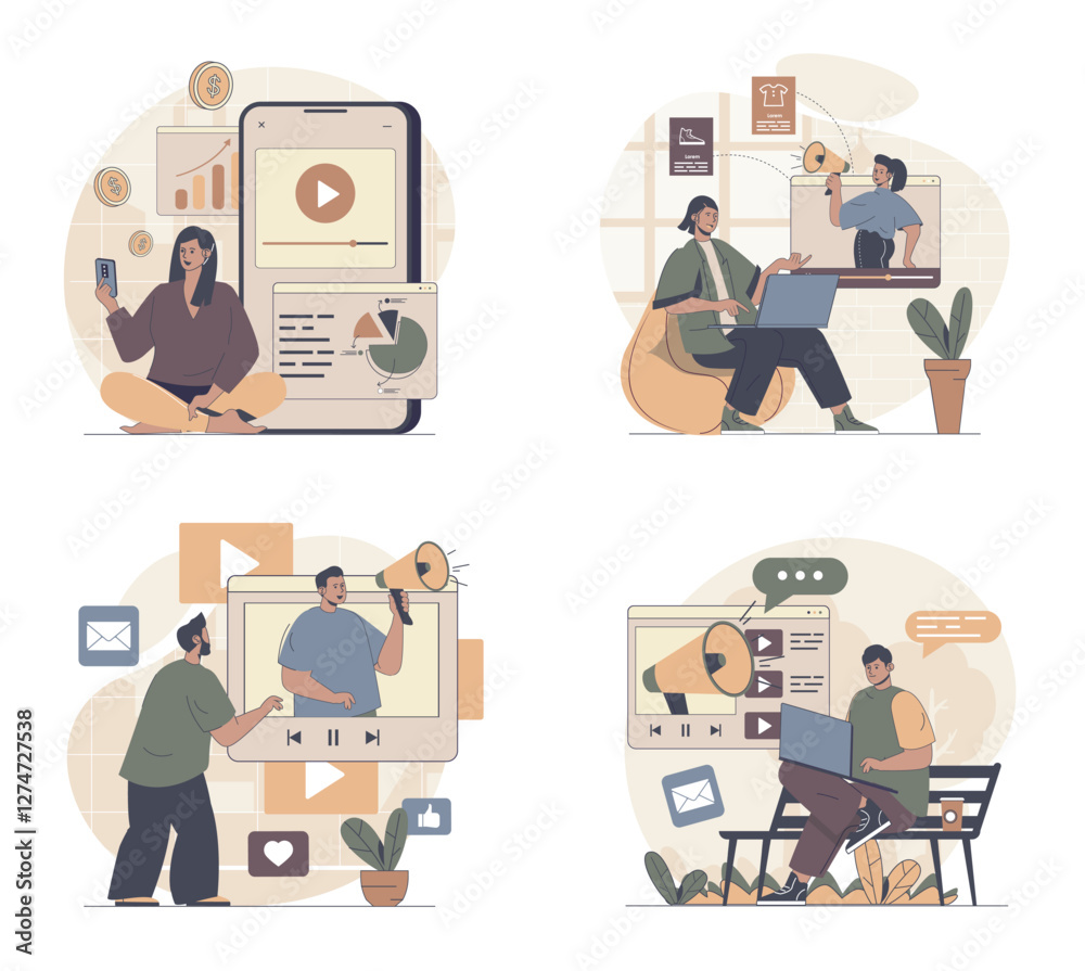 Poster Video marketing concept scenes set in flat web design. People in situations of creating viral content, making online advertising and data analysis, attracting new followers. Vector illustrations.