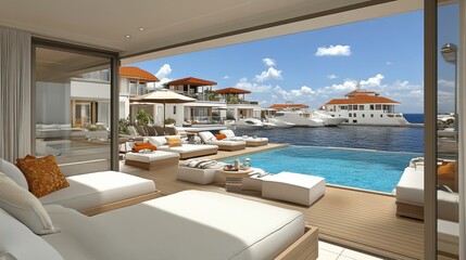 Fototapeta premium Relaxing poolside retreat luxurious villa interior design coastal aesthetic scenic view