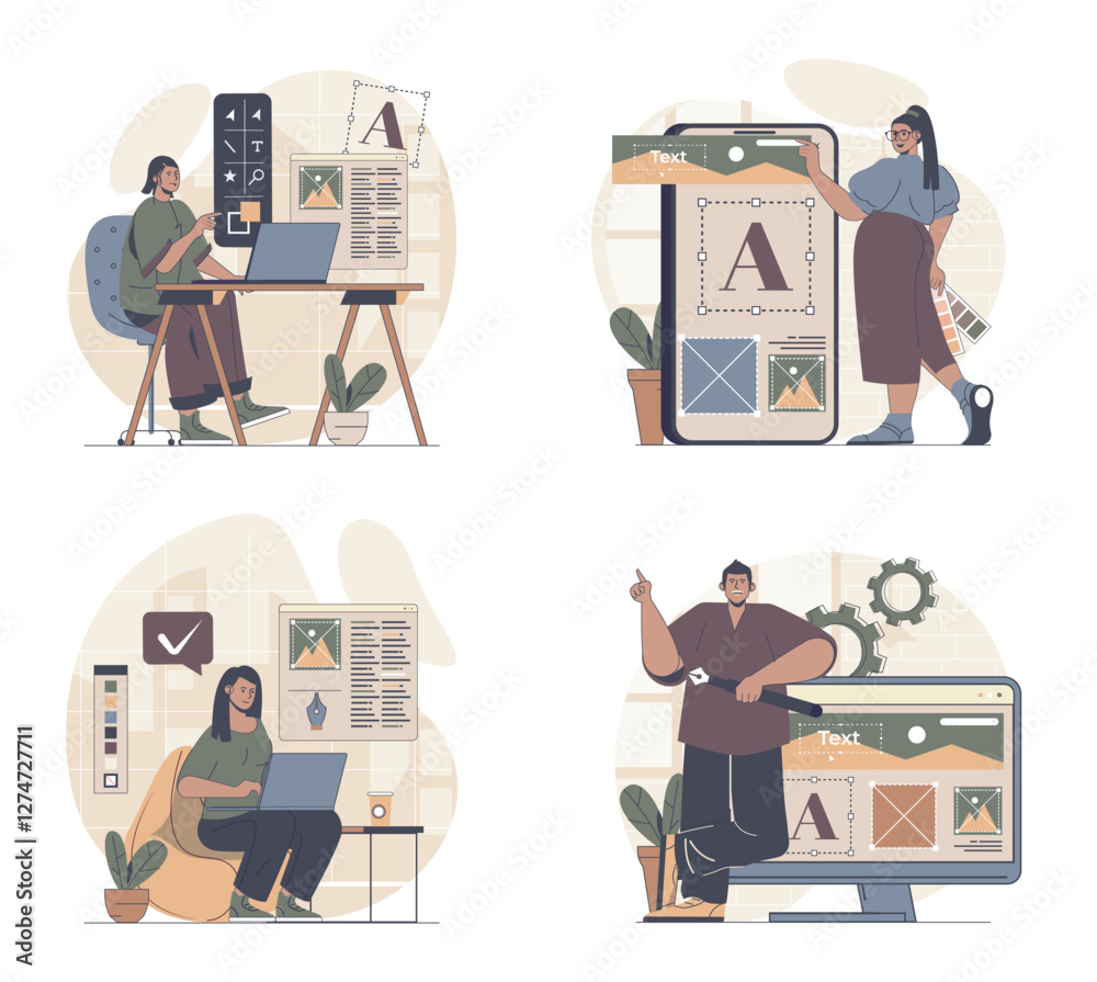 Aufkleber Web design concept scenes set in flat design. People in situations of building wireframe layout, filling with different content, creating graphic elements for sites interface. Vector illustrations.