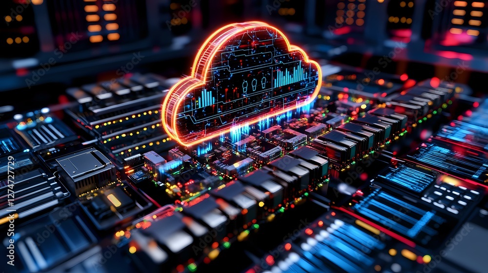 Poster glowing neon cloud computing symbol on futuristic circuit board with blue and red lighting effects, 