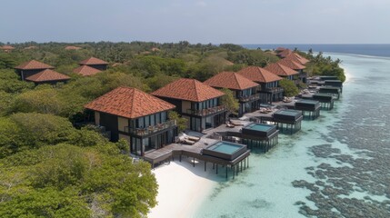 Naklejka premium Luxury overwater villas by the beach maldives aerial view tropical paradise relaxation concept