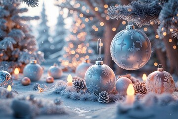 Dreamy Winter Scene with Ornaments and Frosty Accents in a Whimsical 3D Composition