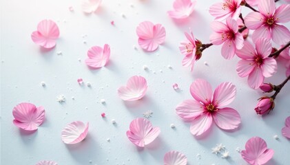 Obraz premium Delicate sakura petals scattered on a snowy white background, snowflake, snow, elegant