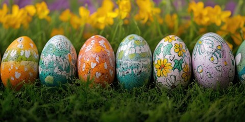 A delightful collection of colorfully decorated eggs in a natural outdoor setting, ready for the Easter celebration.