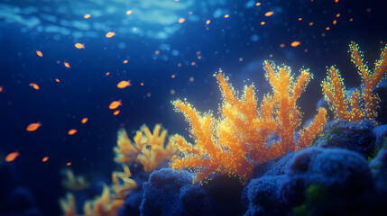 Fototapeta premium Glowing bioluminescent coral polyps in deep ocean. Bioluminescent Deep Sea. Illustration