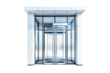 Modern glass elevator entrance showcasing sleek architecture in a minimalist urban environment isolated on transparent background