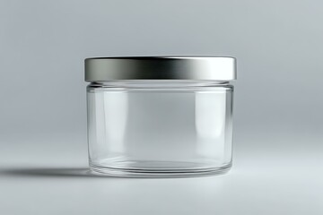 Empty glass jar with metal lid on light background, isolated transparent container for cosmetics, food storage and packaging mockup design.