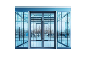 Modern glass entrance doors invite visitors into a contemporary architectural marvel during daylight isolated on transparent background