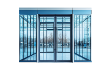 Modern glass entrance doors invite visitors into a contemporary architectural marvel during daylight isolated on transparent background
