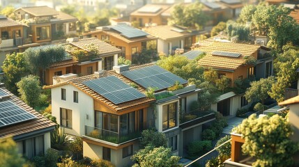 Fototapeta premium Sustainable urban neighborhood with solar panels and greenery in modern housing development