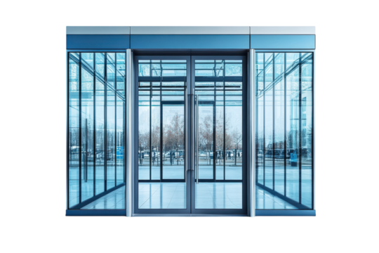 Modern glass entrance doors invite visitors into a contemporary architectural marvel during daylight isolated on transparent background - Powered by Adobe