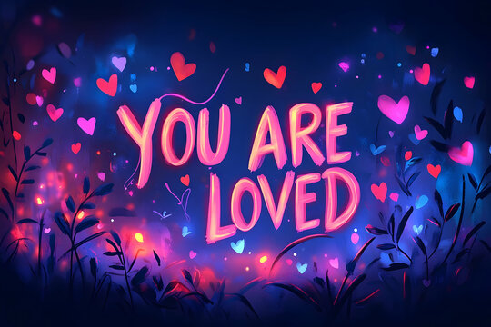 Inspirational quote, love message, glowing hearts, dark background, digital art, suitable for social media, posters, greeting cards, or digital prints - Powered by Adobe