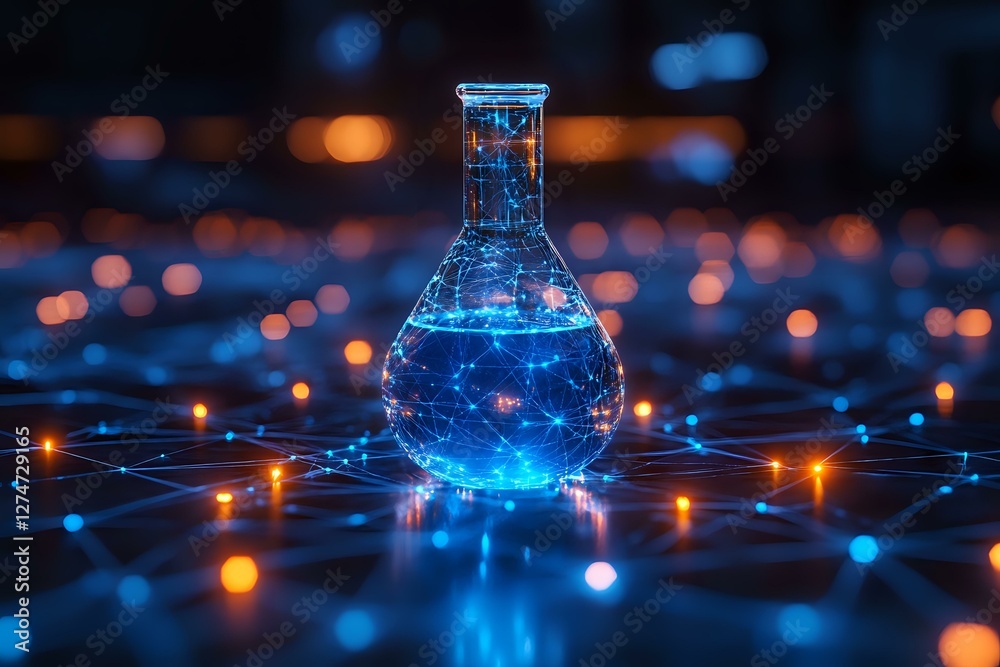 Poster laboratory flask with glowing blue liquid on dark background with orange bokeh lights and connected 