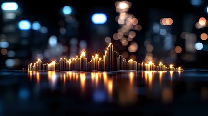 Glowing audio wave spectrum visualization with golden light reflection on dark background with bokeh lights, music equalizer display for entertainment.