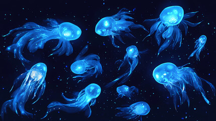 Mysterious and awe-inspiring, glowing bioluminescent sea creatures light up a deep ocean, creating a scene of marine glowtime. Bioluminescent Deep Sea. Illustration