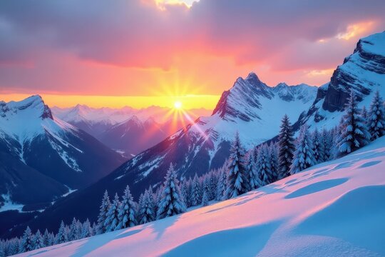 La luce del tramonto esplode su una montagna coperta di neve, frosty atmosphere, alpine scenery