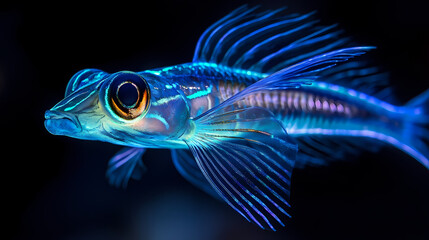 Fototapeta premium Viperfish hunting in the deep sea, its bioluminescent lure glowing brightly in the darkness, highlighting the predatory behavior of this sinister-looking fish. Bioluminescent Deep Sea. Illustration