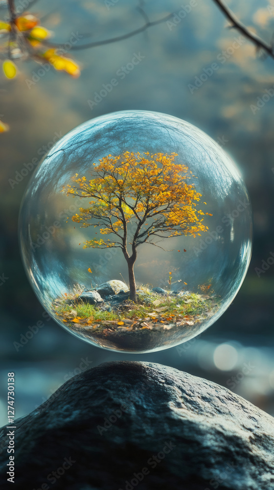 Poster surreal image of a miniature autumn tree growing inside a floating crystal ball placed above a rock,