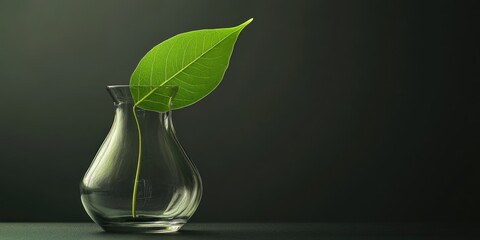 Single green leaf set in a transparent glass vase, evoking themes of simplicity and the beauty of nature.