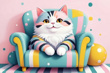 Minimalist fantasy whimsical domestic cute cartoon cat animal with pastel color background 
illustration texture design.
