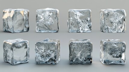 Obraz premium Eight transparent ice cubes with intricate cracks arranged in two rows on a gray surface